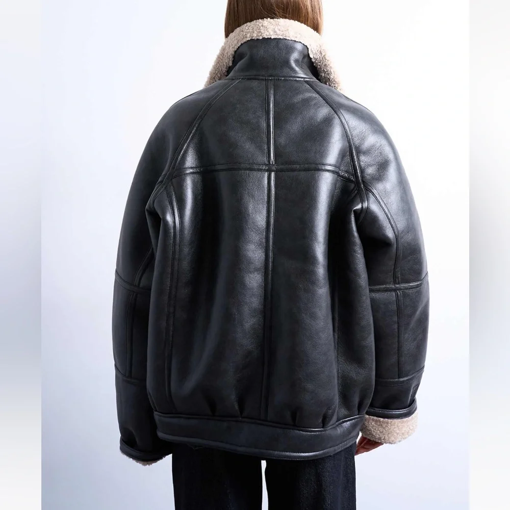NWT TopShop leather shearling bomber jacket - Picture 3 of 6